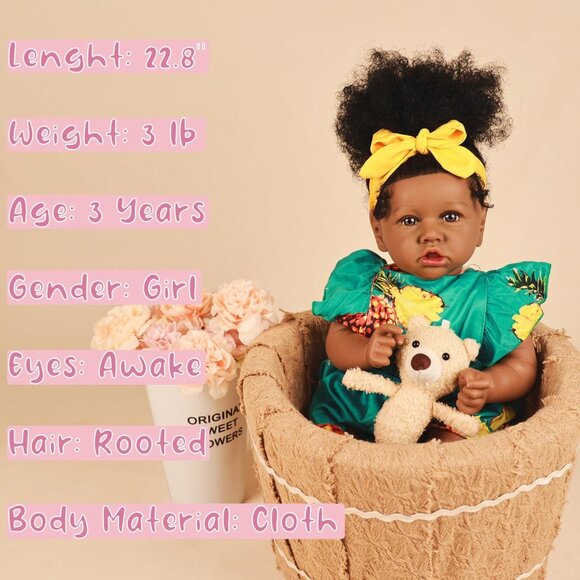 🆕22.8 Inch Reborn Doll with Soft Cloth Body African American Savannah Girl Doll - Picture 3 of 9